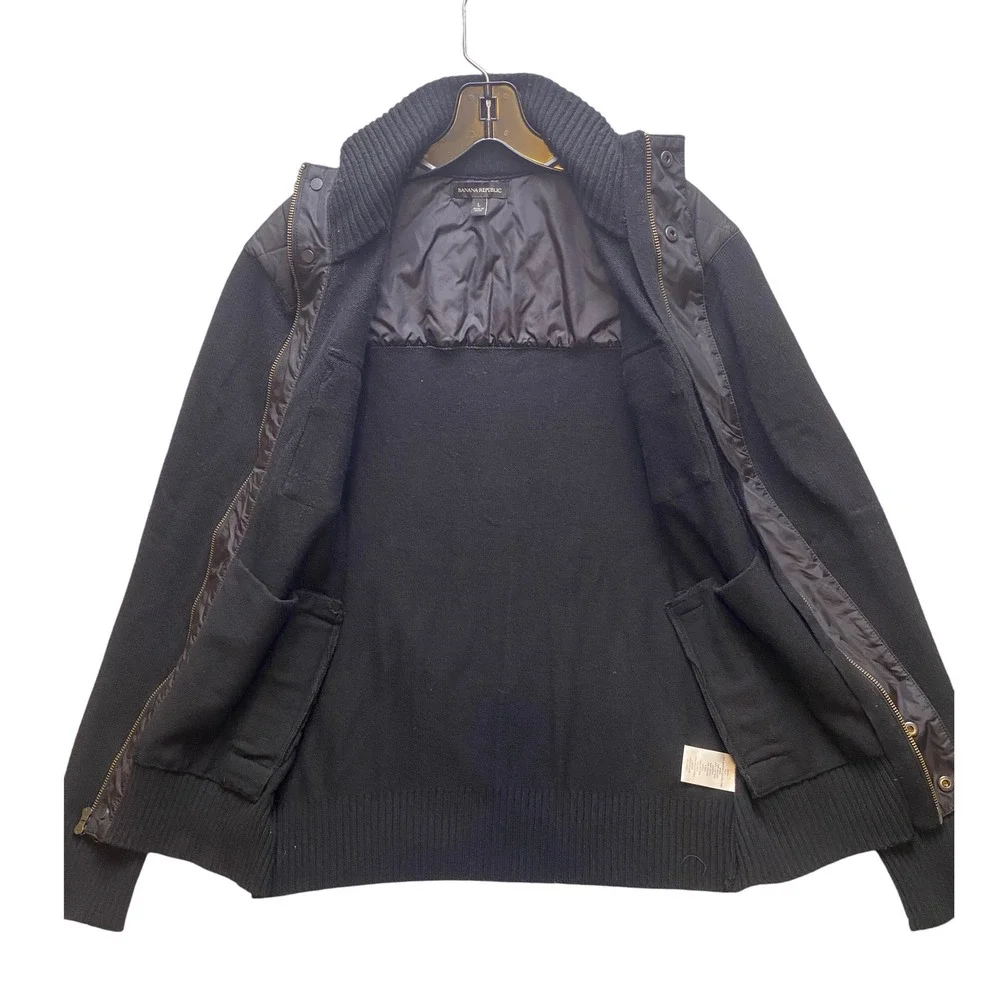 Banana Republic Sweater Jacket Mens Large‎ Black Quilted Merino Wool Full Zip